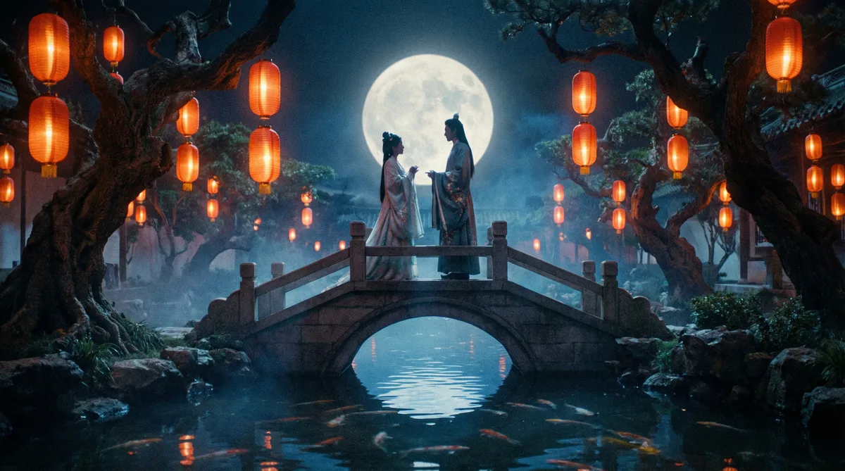 国产自拍古典爱情片拍摄剧照-月下花园场景